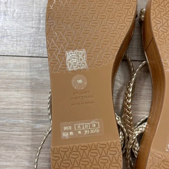 Stuart Weitzman Wovette Gold‎ Metallic Leather Woven Wedge Braided Sandal Heel 9